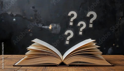  open book floating question marks knowledge mystery