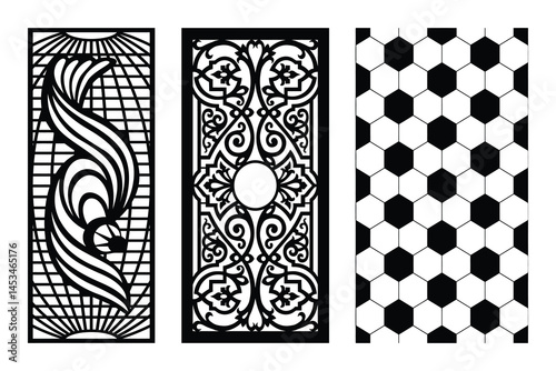 Decorative Laser Cut Panel Set Featuring Abstract Floral And Geometric Designs Black And White