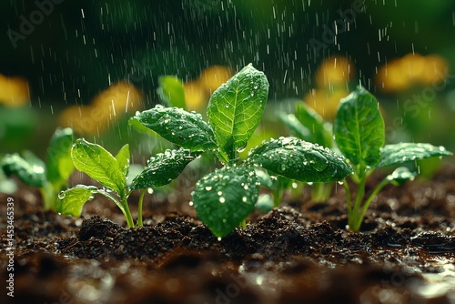 Raindrops nourishing yellow sweet pea seedlings emerging from dark red clay soil, symbolizing new life photo