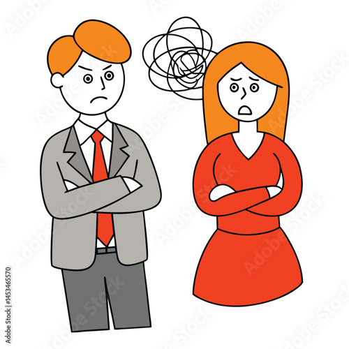 Angry man and anxious woman face interpersonal conflict together in a minimalist style