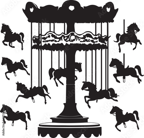 Silhouette Carousel Horse Illustration: Vintage Merry-Go-Round with Detailed Horses, Nostalgic Fairground Ride Clipart, Black and White Design