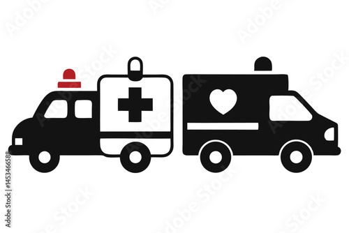 Black and white ambulance vehicle with red light plus a heart are visible clearly