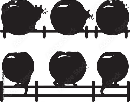 Silhouette Art of Overweight Cats on a Fence: Whimsical Black and White Illustration of Round Felines Perched on a Wooden Barrier Design