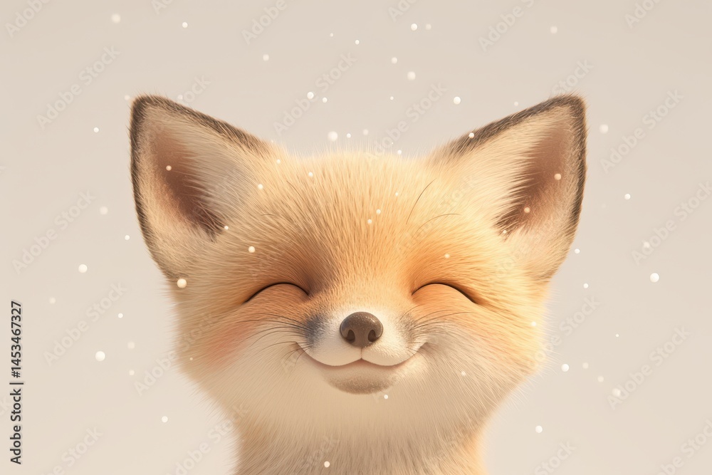 Fototapeta premium Delightful fox portrait, eyes closed with smile, sparkles fill the air