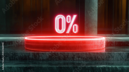 The 0% icon indicates a 0% interest rate promotion, installment payment, or interest-free special offer.0percent, neon, interest, finance, offer, discount, glowing, sale, zero.
