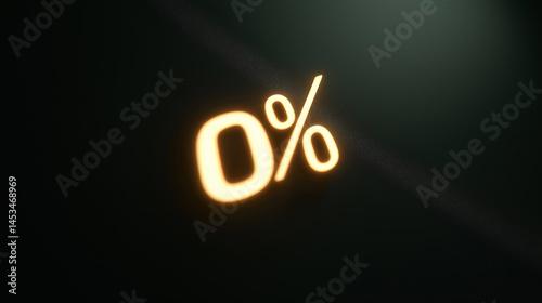 The 0% icon indicates a 0% interest rate promotion, installment payment, or interest-free special offer.0percent, neon, interest, finance, offer, discount, glowing, sale, zero.