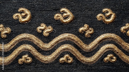 Decorative Gold Embroidery on Black Fabric with Unique Patterns