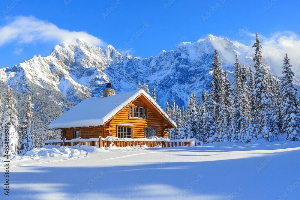 Fototapeta premium Cozy snowy cabin nestled in winter landscape with stunning mountain backdrop in pristine nature, Cozy Snowy Cabin with Stunning Mountain Backdrop in Winter