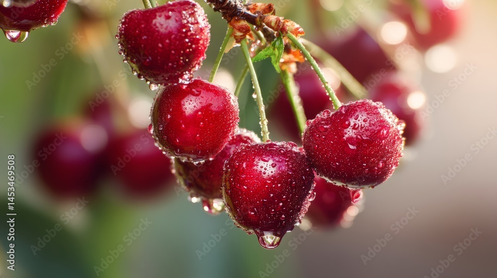 Obraz premium Ripe cherry glistening on a branch, embodying nature's fresh vitality 