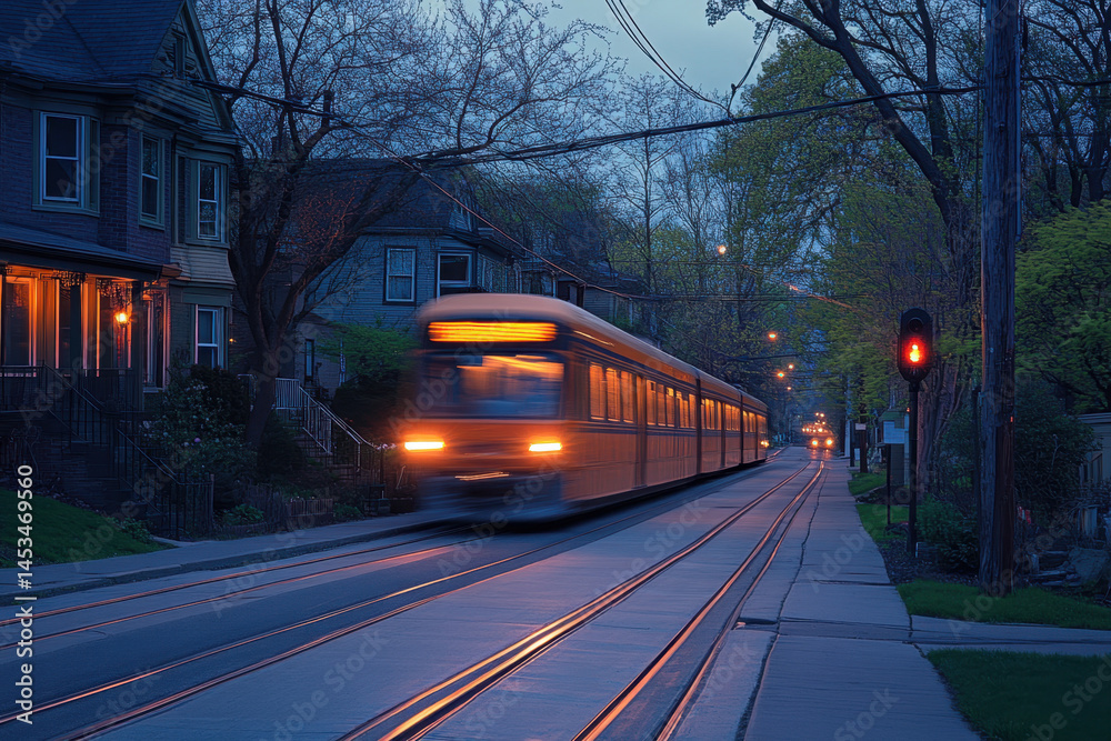 Obraz premium Train moving down city tracks, tall buildings in background, cars stopping for crossing gates, pedestrians on sidewalk, vibrant urban scene captured.