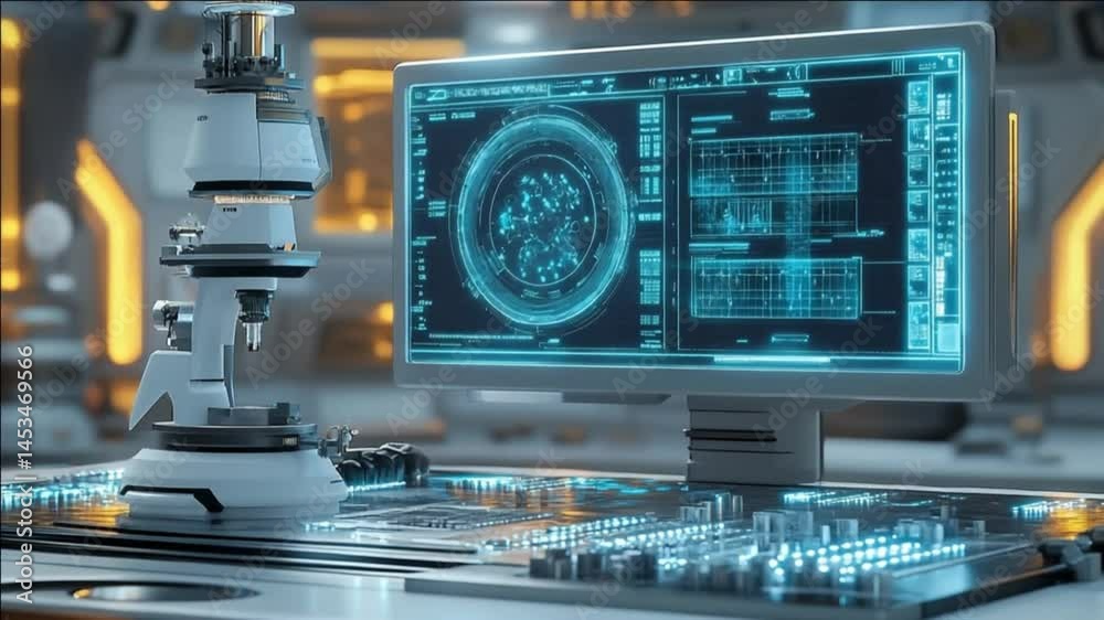Futuristic Lab: Microscope & Data Analysis in Sci-Fi Setting Futuristic Lab: Microscope & Data Analysis in Sci-Fi Setting