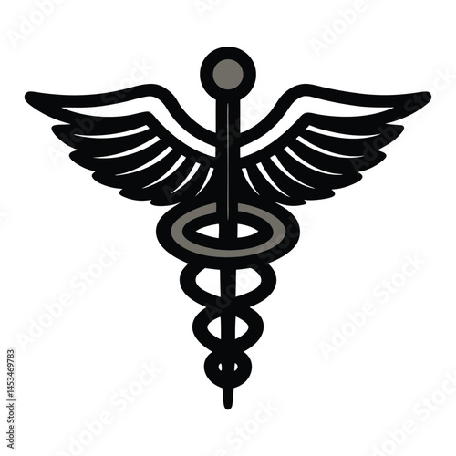 Caduceus symbol in black and grey displaying wings, snake, and rod over a transparent background