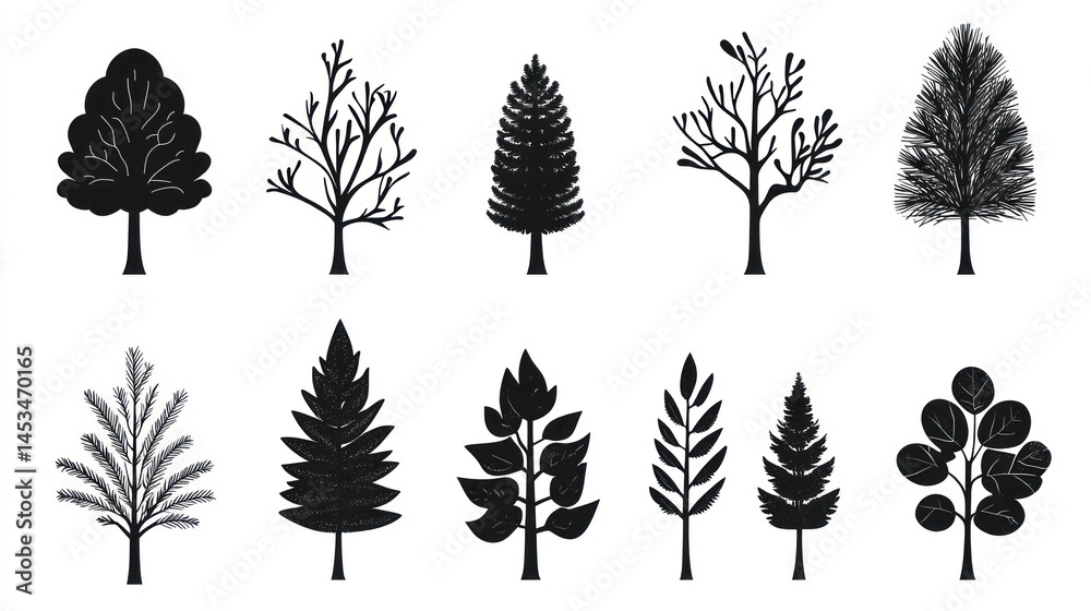 Fototapeta premium Diverse Tree Silhouettes on White