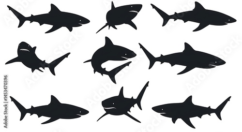 Shark Silhouettes: Elegant Black & White Vector Art AI Generated