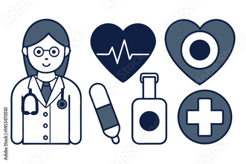 Cartoon female doctor beside heartbeat, pill, medicine and cross symbols stands isolated
