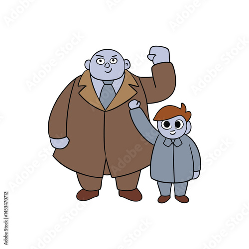 Cartoon grayskinned man and child are raising their fists cheerfully on transparent background