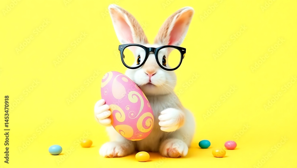 Fototapeta premium happy easter, funny animal, holiday celebration greeting card - Rabbit easter bunny with glasses and easter egg, isolated on yellow background