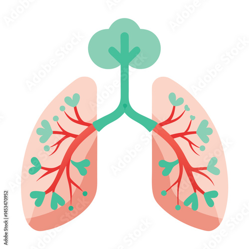 Cartoon human lungs show detailed bronchial branching in coral and pale red with a transparent background