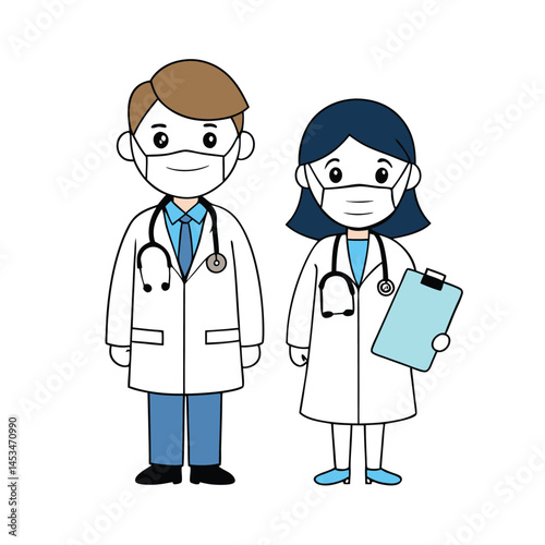 Cartoon male and female doctors with face masks stand against a transparent background