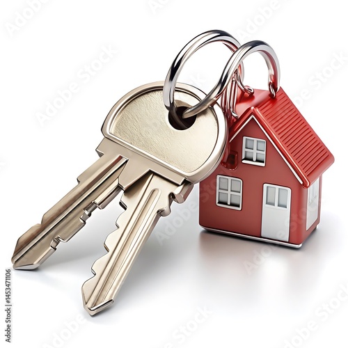 House keys with house shaped keychain isolated on white background
