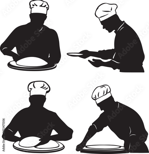 Chef Silhouette Vector Illustration: Pizza Maker Preparing Dough, Culinary Arts Graphic, Restaurant Design Element, Food Preparation Art