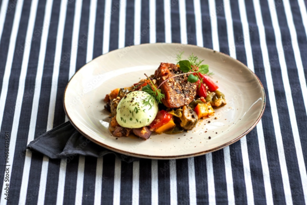 delicious vegetarian dish on a striped background delicious vegetarian dish on a striped background