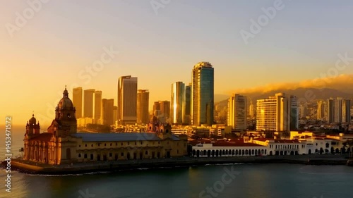 A coastal Lima skyline with Plaza Mayor Cathedral, Torre Tagle Palace, and modern high-rises by the Pacific. Great for Latin American heritage and travel. photo
