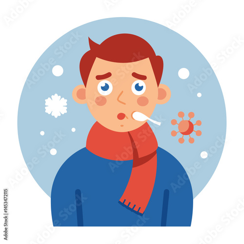 Cartoon redheaded man with fever has thermometer, scarf, and virus floats around him