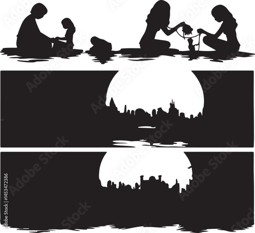 Silhouette Art: People Crafting, Cityscape at Night, Moonlit Water Reflection - Vector Illustration, Dark & Light Contrast, Artistic Design