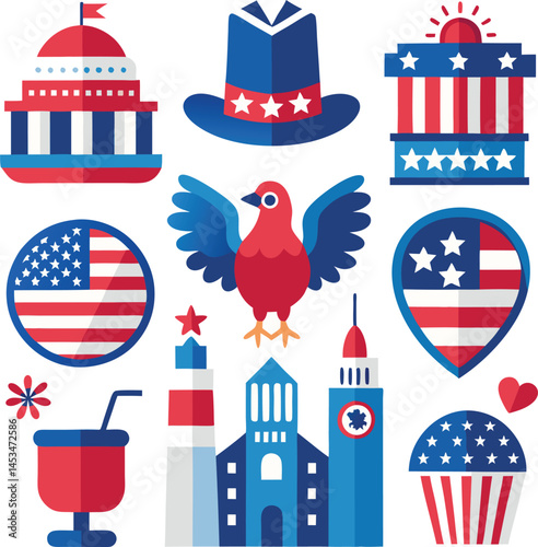 Flat Design Icons Representing American Symbols for Patriotic Celebrations