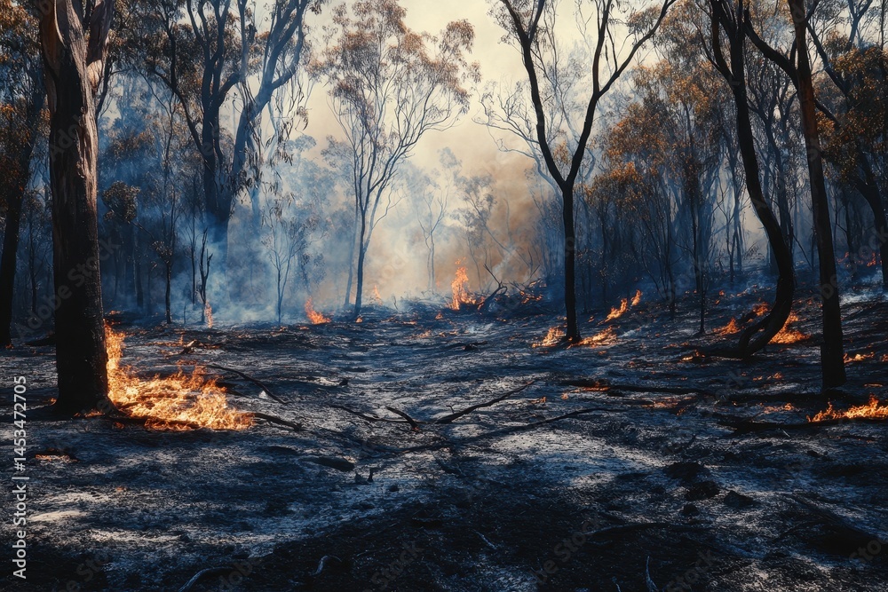 Destruction of Australian bushland after a devastating bushfire in a burnt forest landscape, Bushfire Australia landscape Burnt forest and damaged wild nature
