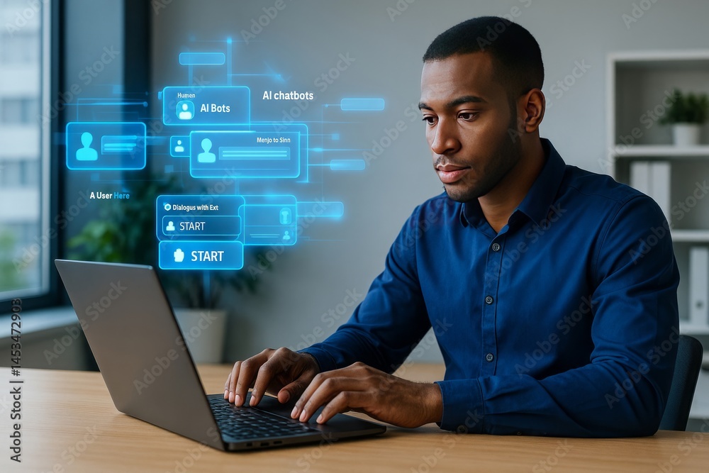 African American Man Using Laptop AI Chatbot Interface Modern Technology Digital Business Professional Online Communication Network Digital Future Innovation Technology Development Software African American Man Using Laptop AI Chatbot Interface Modern Technology Digital Business Professional Online Communication Network Digital Future Innovation Technology Development Software