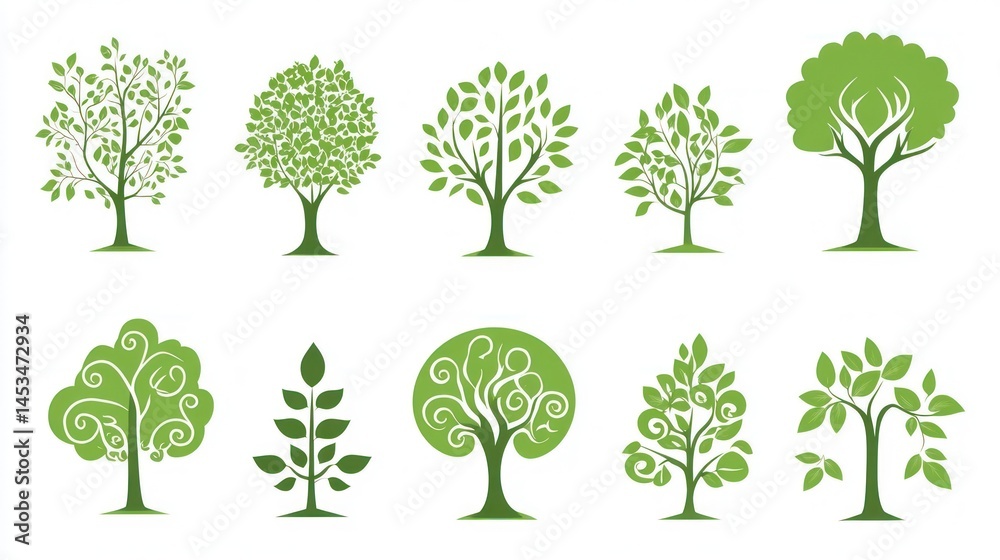 Obraz premium Green Trees Icons Set on White