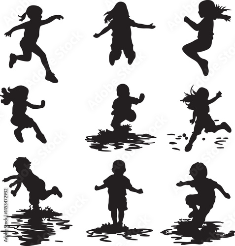 Silhouette Art: Children Jumping and Playing in Puddles - Black & White Vector Illustration of Kids Having Fun Outdoors