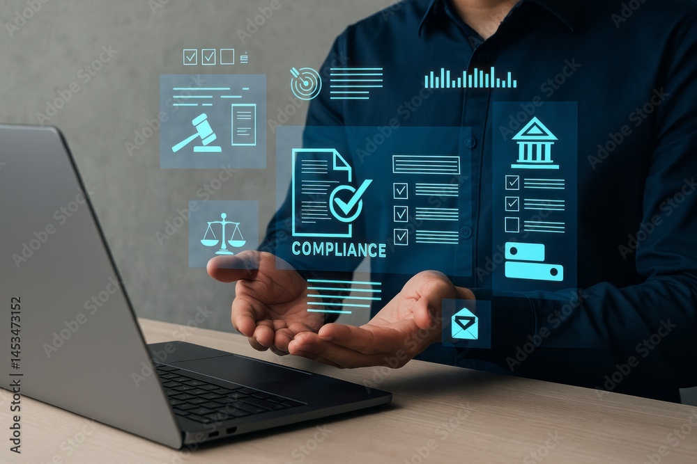 Fototapeta premium Digital Compliance Management System Business Technology Online Legal Checklists Secure Data Protection Efficient Workflow Modern Interface User Friendly Software Application Regulatory Compliance 