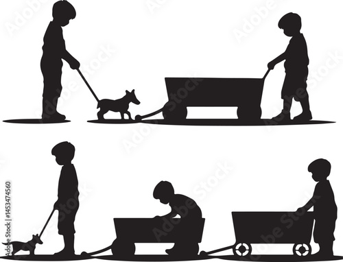 Silhouette Illustration of a Boy Pulling a Dog on a Leash and a Wagon: Childhood, Playtime, Nostalgia, Vector Graphic, Black and White Art