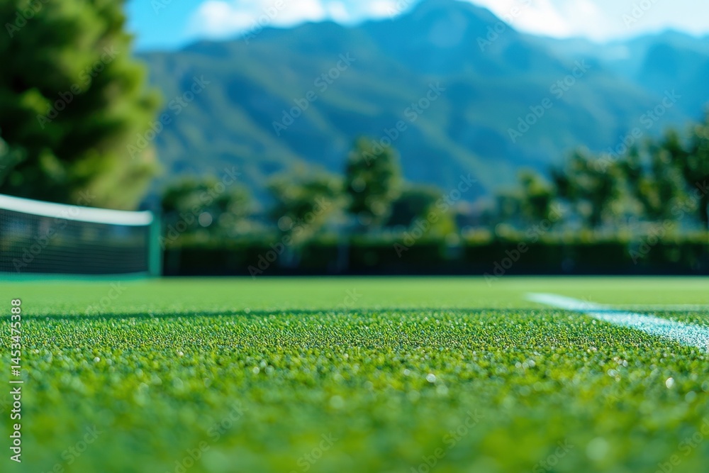 Closeup of vibrant green grass on a tennis court with mountains in the background during a sunny day, Closeup of green grass on a tennis court with a white line and blurred background