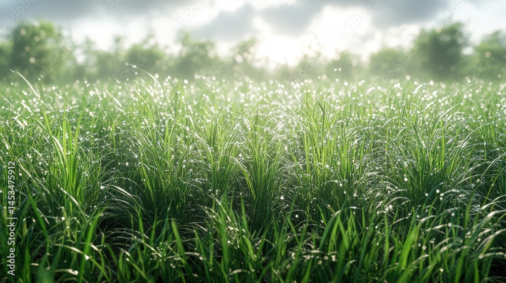 Obraz premium Dew-covered grass gleams, framed by trees under a soft, bright sunlight