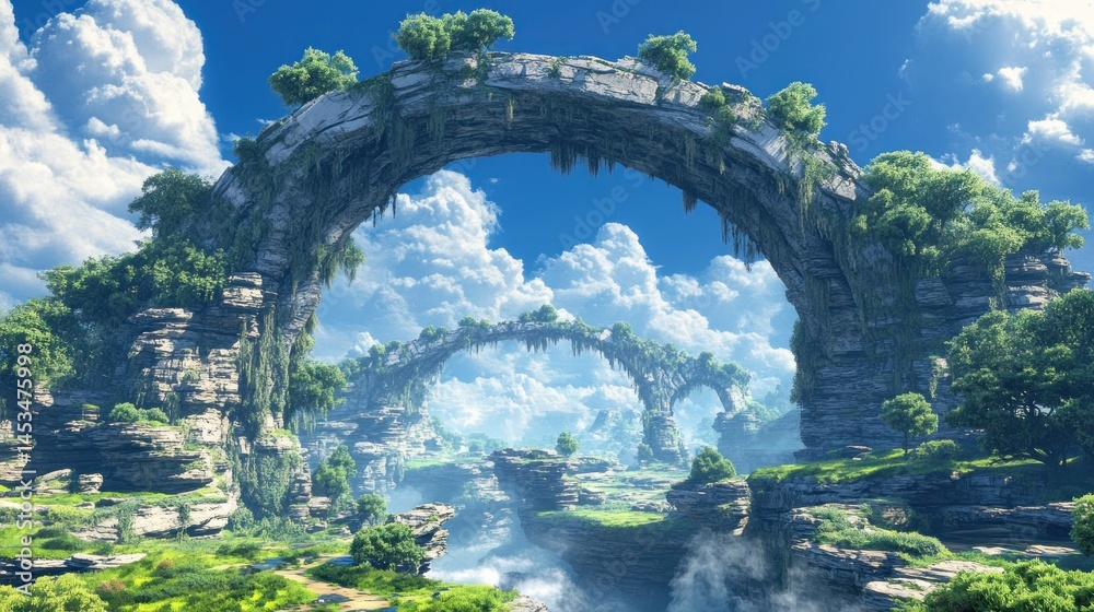 Fototapeta premium Majestic Stone Arches Landscape with Lush Vegetation and Cloudy Sky