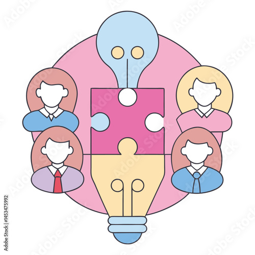 Faceless diverse businesswomen surround connected puzzlepiece lightbulbs on a circular, transparent background