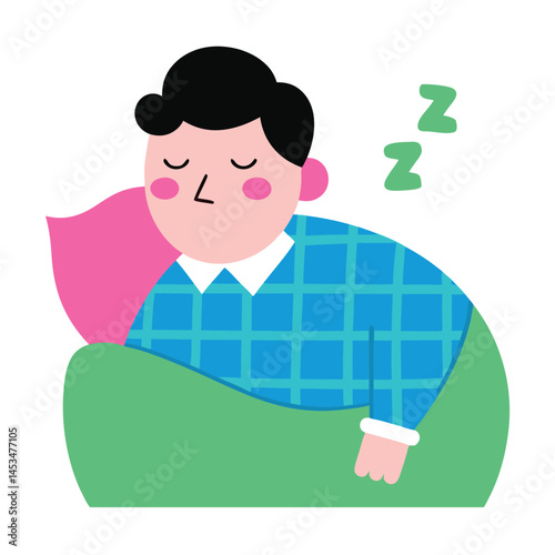 Flat cartoon man with black hair sleeps peacefully under a green blanket