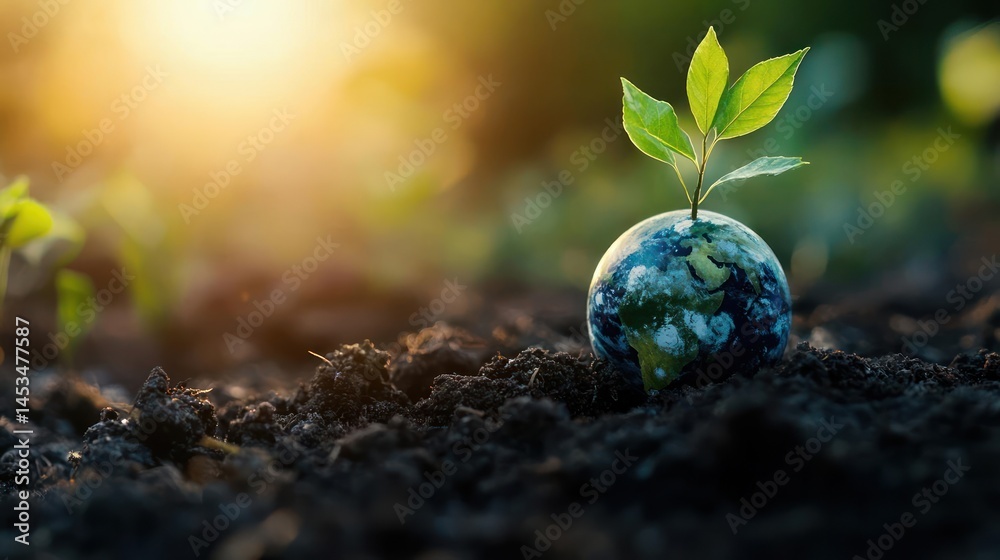 A small globe with a plant growing out of it A small globe with a plant growing out of it