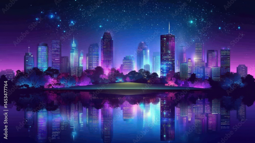 Fototapeta premium Cityscape at Night Reflected in Water with Starry Sky View