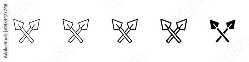 Set of 5 pixel perfect lance icon with 1 unexpanded, 1 silhouette, A stylized medieval lance weapon icon pointing diagonally upwards