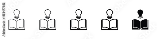 Set of 5 pixel perfect book with bulb icon with 1 unexpanded, 1 silhouette, An icon of an open book with a glowing light bulb hovering above it.