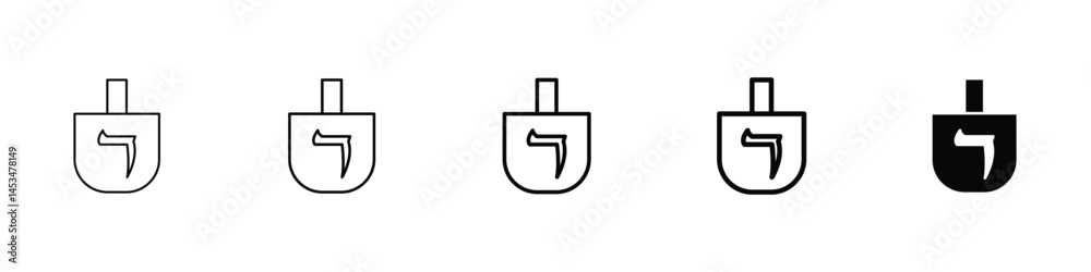 Set of 5 pixel perfect dreidel icon with 1 unexpanded, 1 silhouette, A spinning dreidel toy icon used in Hanukkah celebrations. Set of 5 pixel perfect dreidel icon with 1 unexpanded, 1 silhouette, A spinning dreidel toy icon used in Hanukkah celebrations.