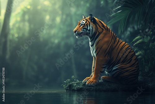 Majestic tiger perched by the riverbank in a serene forest setting at dawn, a tiger sitting on river side of forest Photo background seamless ing quality photo