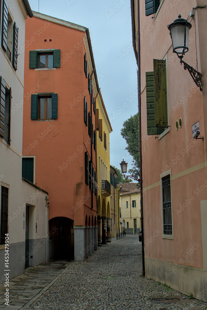 Fototapeta premium A charming cobblestone lane winds its way through the historic heart of Padua, Italy. Soft hues and old lanterns charm with quiet elegance. Each cobblestone holds echoes of centuries past.
