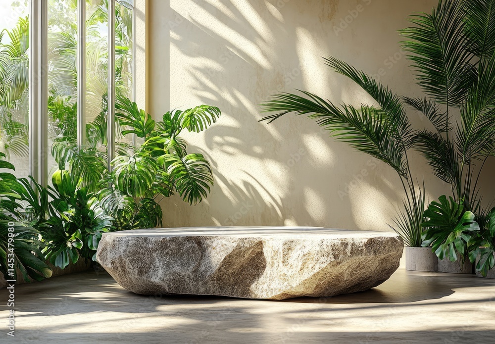 Natural stone pedestal surrounded by lush greenery in a sunlit room. Natural stone pedestal surrounded by lush greenery in a sunlit room.