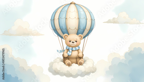 Adorable teddy bear flying in a blue striped hot air balloon on a cloud, perfect for nursery decor.